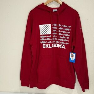 NWT Columbia PFG Oklahoma Fishing USA Flag Hoodie Red Pullover Men’s Size Large